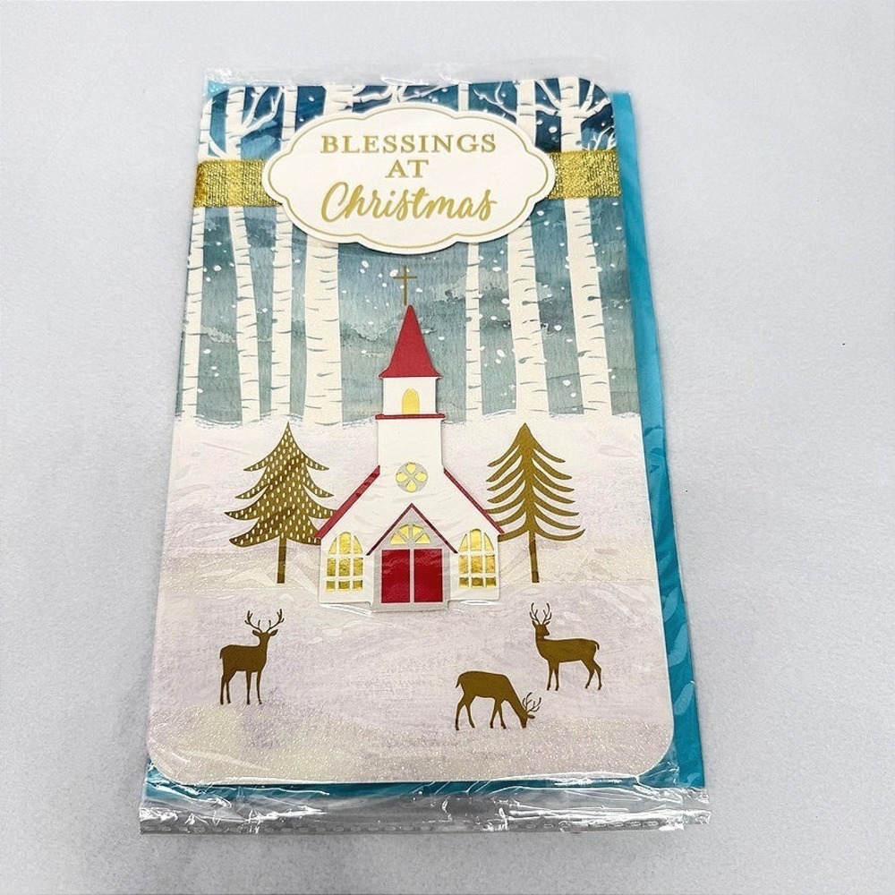 Christmas Greeting Card 'Blessings at Christmas' Church Deer Glitter Holiday NEW